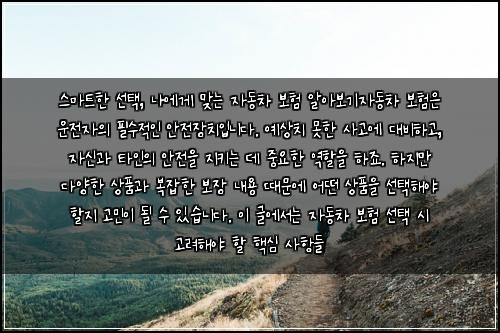  스마트한 선택, 나에게 맞는 자동차 보험 알아보기

자동차 보험은 운전자의 필수적인 안전장치입니다. 예상치 못한 사고에 대비하고, 자신과 타인의 안전을 지키는 데 중요한 역할을 하죠. 하지만 다양한 상품과 복잡한 보장 내용 때문에 어떤 상품을 선택해야 할지 고민이 될 수 있습니다. 이 글에서는 자동차 보험 선택 시 고려해야 할 핵심 사항들