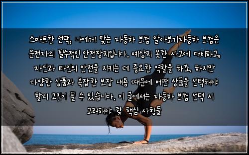  스마트한 선택, 나에게 맞는 자동차 보험 알아보기

자동차 보험은 운전자의 필수적인 안전장치입니다. 예상치 못한 사고에 대비하고, 자신과 타인의 안전을 지키는 데 중요한 역할을 하죠. 하지만 다양한 상품과 복잡한 보장 내용 때문에 어떤 상품을 선택해야 할지 고민이 될 수 있습니다. 이 글에서는 자동차 보험 선택 시 고려해야 할 핵심 사항들