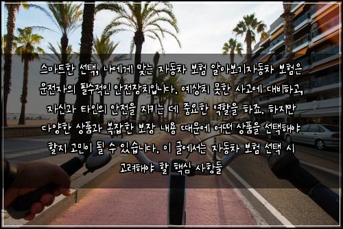  스마트한 선택, 나에게 맞는 자동차 보험 알아보기

자동차 보험은 운전자의 필수적인 안전장치입니다. 예상치 못한 사고에 대비하고, 자신과 타인의 안전을 지키는 데 중요한 역할을 하죠. 하지만 다양한 상품과 복잡한 보장 내용 때문에 어떤 상품을 선택해야 할지 고민이 될 수 있습니다. 이 글에서는 자동차 보험 선택 시 고려해야 할 핵심 사항들