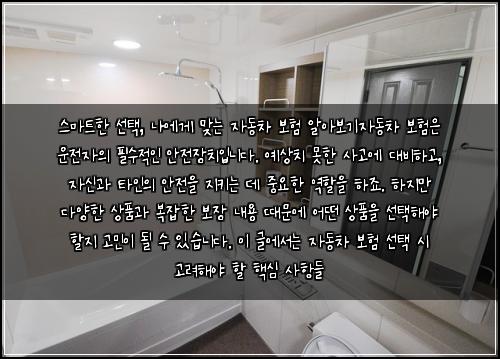  스마트한 선택, 나에게 맞는 자동차 보험 알아보기

자동차 보험은 운전자의 필수적인 안전장치입니다. 예상치 못한 사고에 대비하고, 자신과 타인의 안전을 지키는 데 중요한 역할을 하죠. 하지만 다양한 상품과 복잡한 보장 내용 때문에 어떤 상품을 선택해야 할지 고민이 될 수 있습니다. 이 글에서는 자동차 보험 선택 시 고려해야 할 핵심 사항들