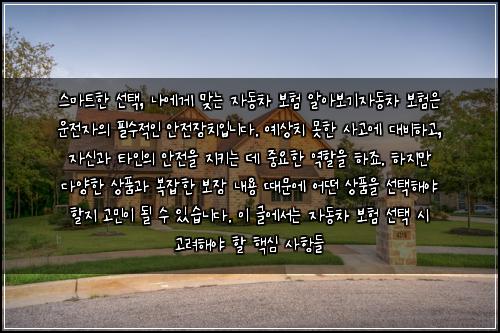  스마트한 선택, 나에게 맞는 자동차 보험 알아보기

자동차 보험은 운전자의 필수적인 안전장치입니다. 예상치 못한 사고에 대비하고, 자신과 타인의 안전을 지키는 데 중요한 역할을 하죠. 하지만 다양한 상품과 복잡한 보장 내용 때문에 어떤 상품을 선택해야 할지 고민이 될 수 있습니다. 이 글에서는 자동차 보험 선택 시 고려해야 할 핵심 사항들