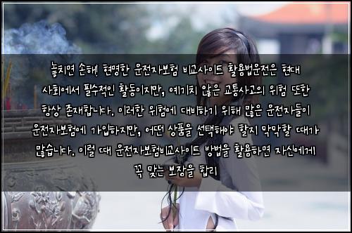  놓치면 손해! 현명한 운전자보험 비교사이트 활용법

운전은 현대 사회에서 필수적인 활동이지만, 예기치 않은 교통사고의 위험 또한 항상 존재합니다. 이러한 위험에 대비하기 위해 많은 운전자들이 운전자보험에 가입하지만, 어떤 상품을 선택해야 할지 막막할 때가 많습니다. 이럴 때 운전자보험비교사이트 방법을 활용하면 자신에게 꼭 맞는 보장을 합리