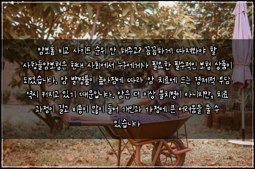 암보홈 비교 사이트 순위 안 해주고? 꼼꼼하게 따져봐야 할 사항들

암보험은 현대 사회에서 누구에게나 필요한 필수적인 보험 상품이 되었습니다. 암 발병률이 높아짐에 따라 암 치료에 드는 경제적 부담 역시 커지고 있기 때문입니다. 암은 더 이상 불치병이 아니지만, 치료 과정이 길고 비용이 많이 들어 개인과 가정에 큰 어려움을 줄 수 있습니다