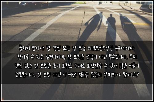  놓치지 말아야 할 갱신 없는 암 보험 체크포인트

암은 누구에게나 찾아올 수 있는 질병이기에, 암 보험은 선택이 아닌 필수입니다. 특히 갱신 없는 암 보험은 초기 보험료 그대로 보장받을 수 있어 많은 이들이 선호합니다. 암 보험 가입 시 어떤 점들을 꼼꼼히 살펴봐야 할까요?
