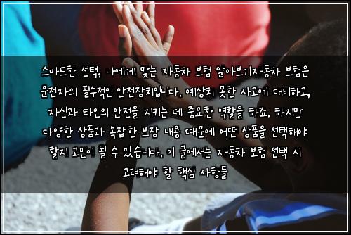  스마트한 선택, 나에게 맞는 자동차 보험 알아보기

자동차 보험은 운전자의 필수적인 안전장치입니다. 예상치 못한 사고에 대비하고, 자신과 타인의 안전을 지키는 데 중요한 역할을 하죠. 하지만 다양한 상품과 복잡한 보장 내용 때문에 어떤 상품을 선택해야 할지 고민이 될 수 있습니다. 이 글에서는 자동차 보험 선택 시 고려해야 할 핵심 사항들